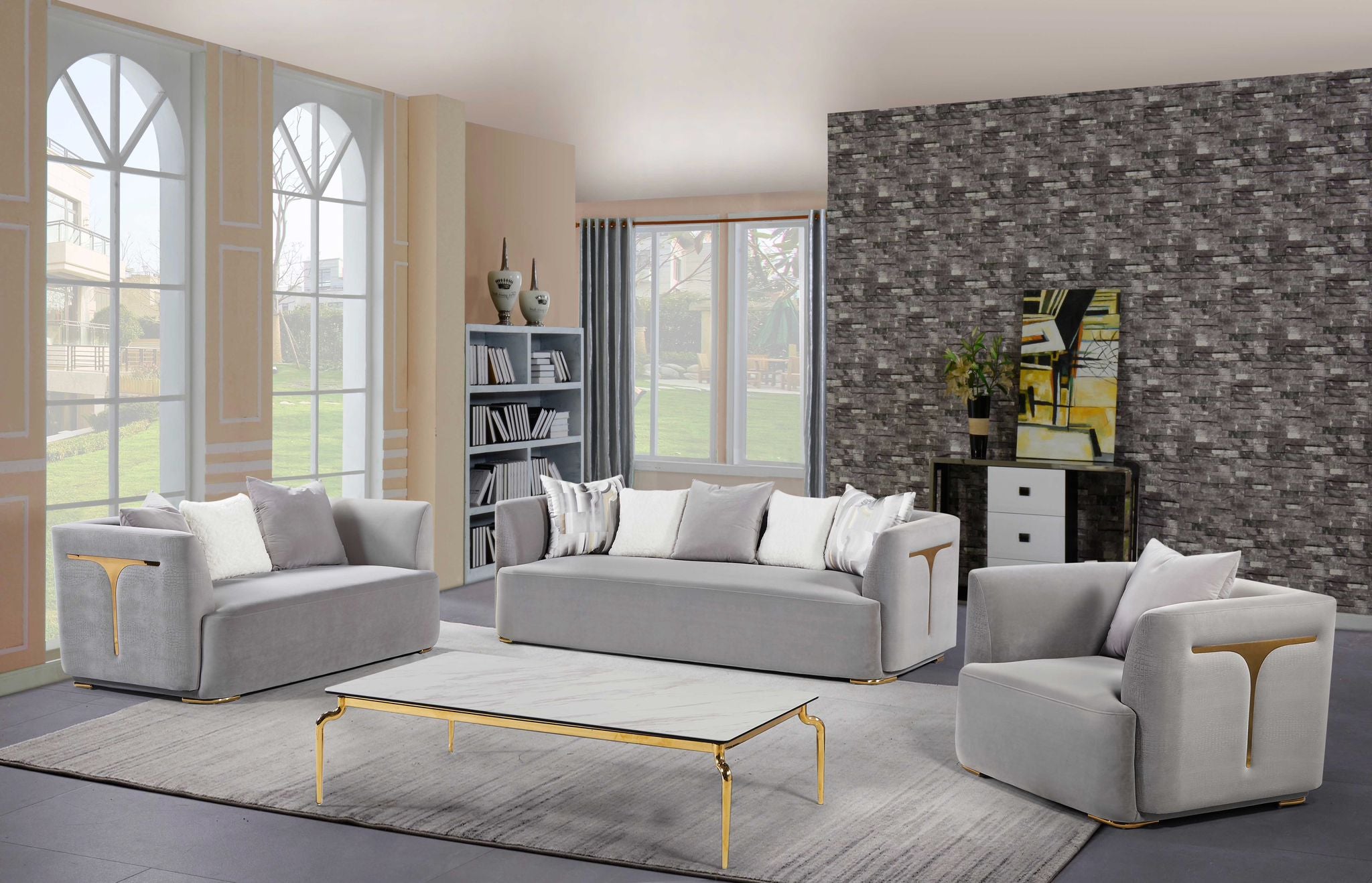 Paris Gray Velvet 3-Piece Living Room Set - YP8001