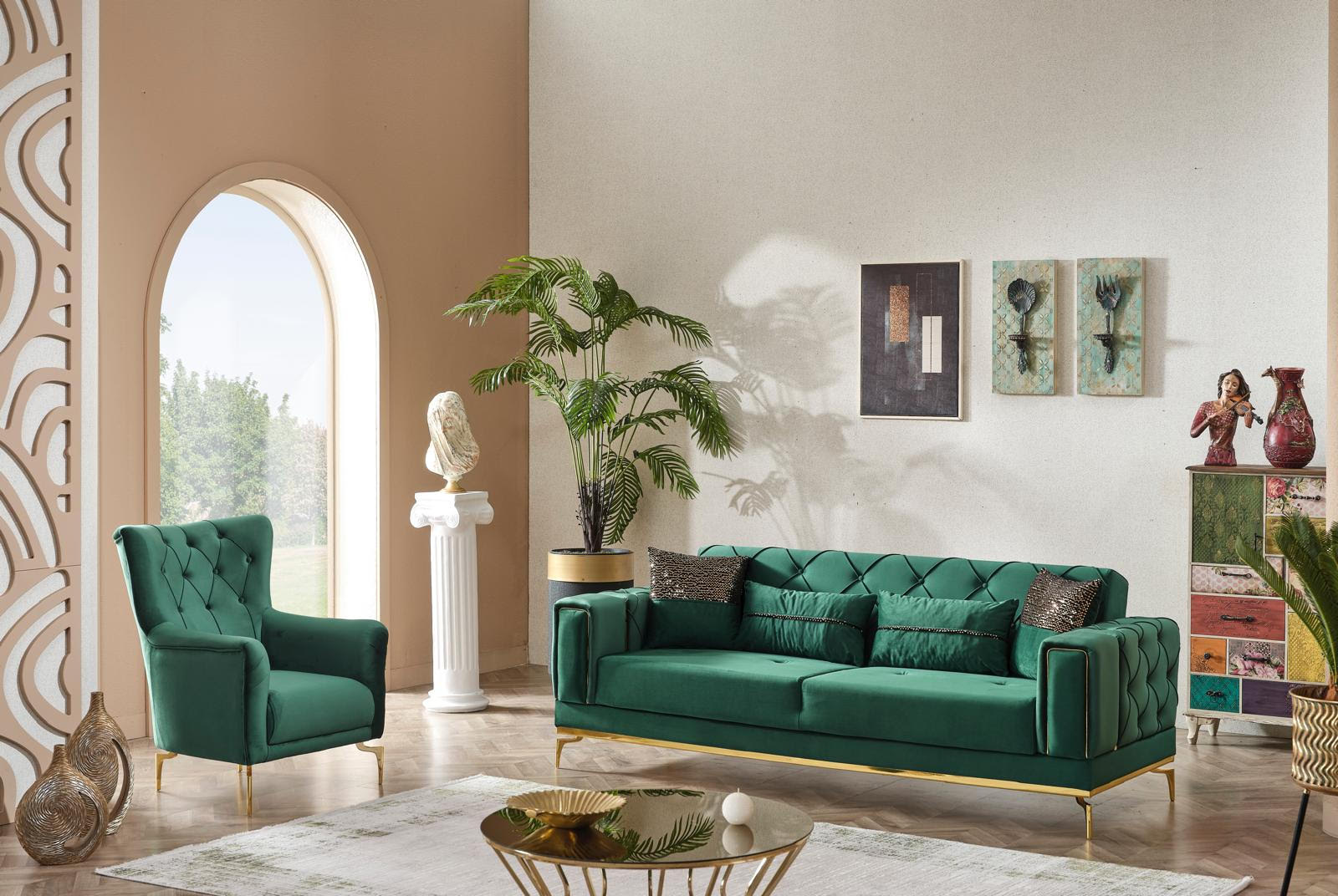 Valeria Velvet Green Sofa/Love Sleeper Set